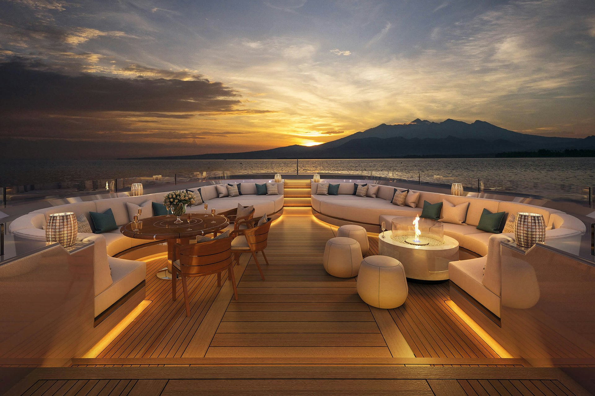 Yacht exterior at sunset.
